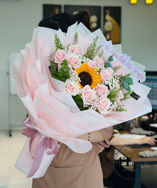 bó hoa hồng kem mix hường dương