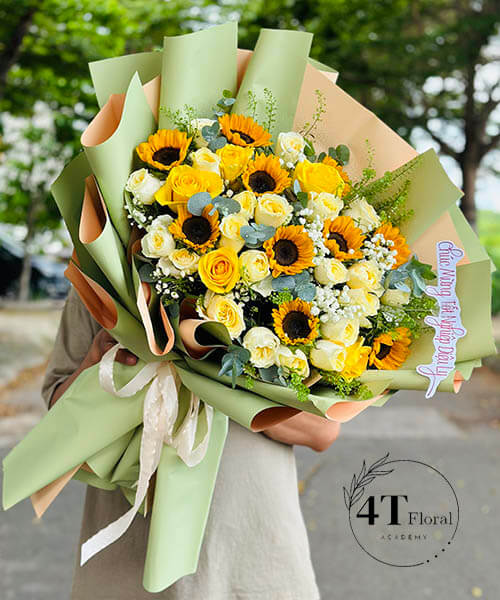bó hoa hướng dương mix hoa hồng