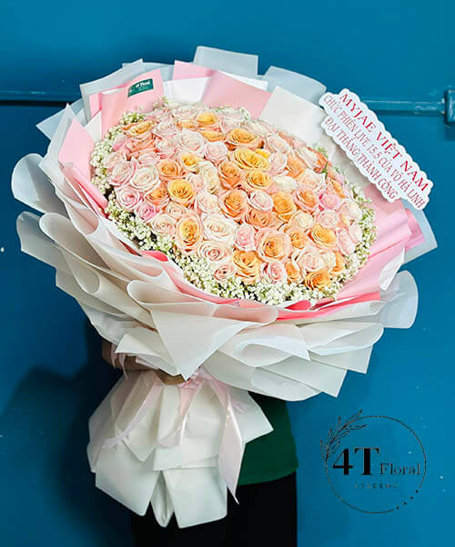 bó hoa tone hồng cam nhạt