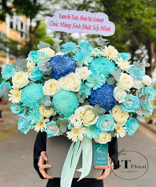 giỏ hoa cúc mẫu đơn xanh