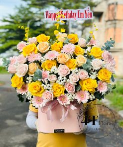 Giỏ hoa đầy đặn tone vàng hồng - GH244