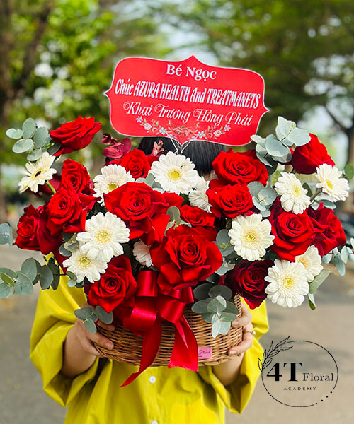 giỏ hoa hồng đỏ mix đồng tiền