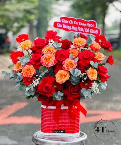 Giỏ hoa hồng đỏ mix hồng cam - GH174