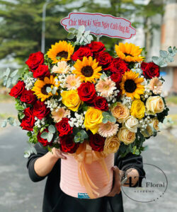 Giỏ hoa hồng đỏ mix hồng vàng đầy đặn - GH171