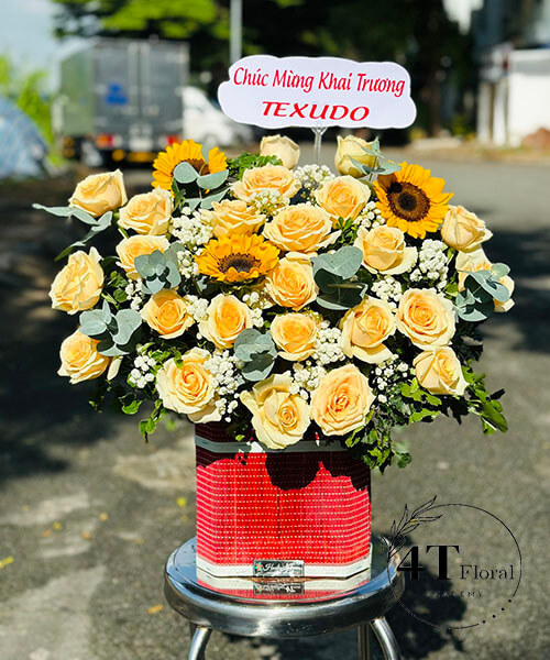 giỏ hoa hồng hột gà mix hương dương