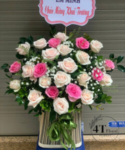 Giỏ hoa hồng kem mix hồng sen - GH162