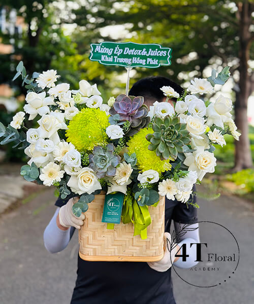 giỏ hoa hồng mix sen đá tặng khai trương