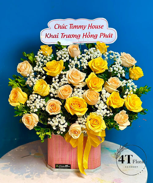 giỏ hoa hồng vàng mix hồng hột gà