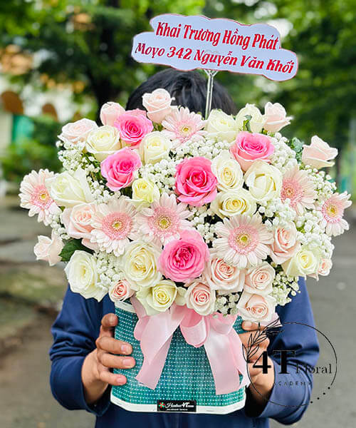 giỏ hoa mừng khai trương tone hồng