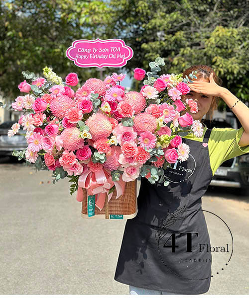 giỏ hoa nhập khẩu tone hồng