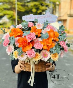 Giỏ hoa phăng hồng mix hồng cam - GH138