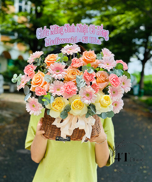 giỏ hoa tone cam hồng chúc mừng sinh nhật