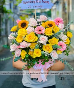 Giỏ hoa tone vàng hồng chúc mừng khai trương - GH119