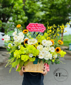 Giỏ hoa tone xanh trắng vàng phong cách hàn quốc - GH220