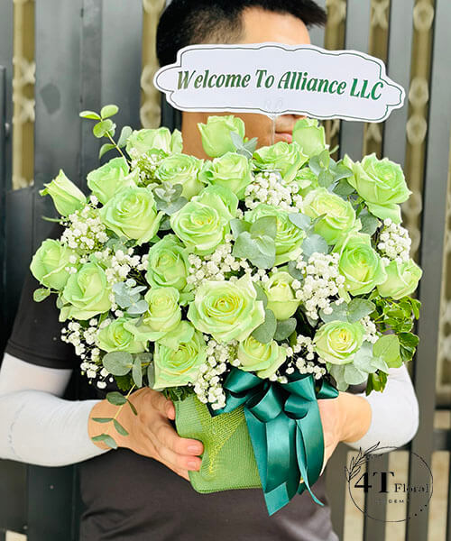 giỏ hoa tone xanh xinh xắn