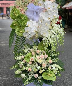 Kệ hoa chia buồn hồng kem và lan hồ điệp đầy sự thương tiếc - HV29