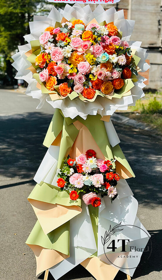 kệ hoa chúc mừng khai trương tone cam hồng