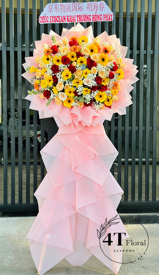 kệ hoa tươi một tầng tone vàng đỏ